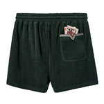 Product image of backside of shorts, featuring an embroidered Ace of Hearts card and a Jack of Spades card sticking out of the pocket.
