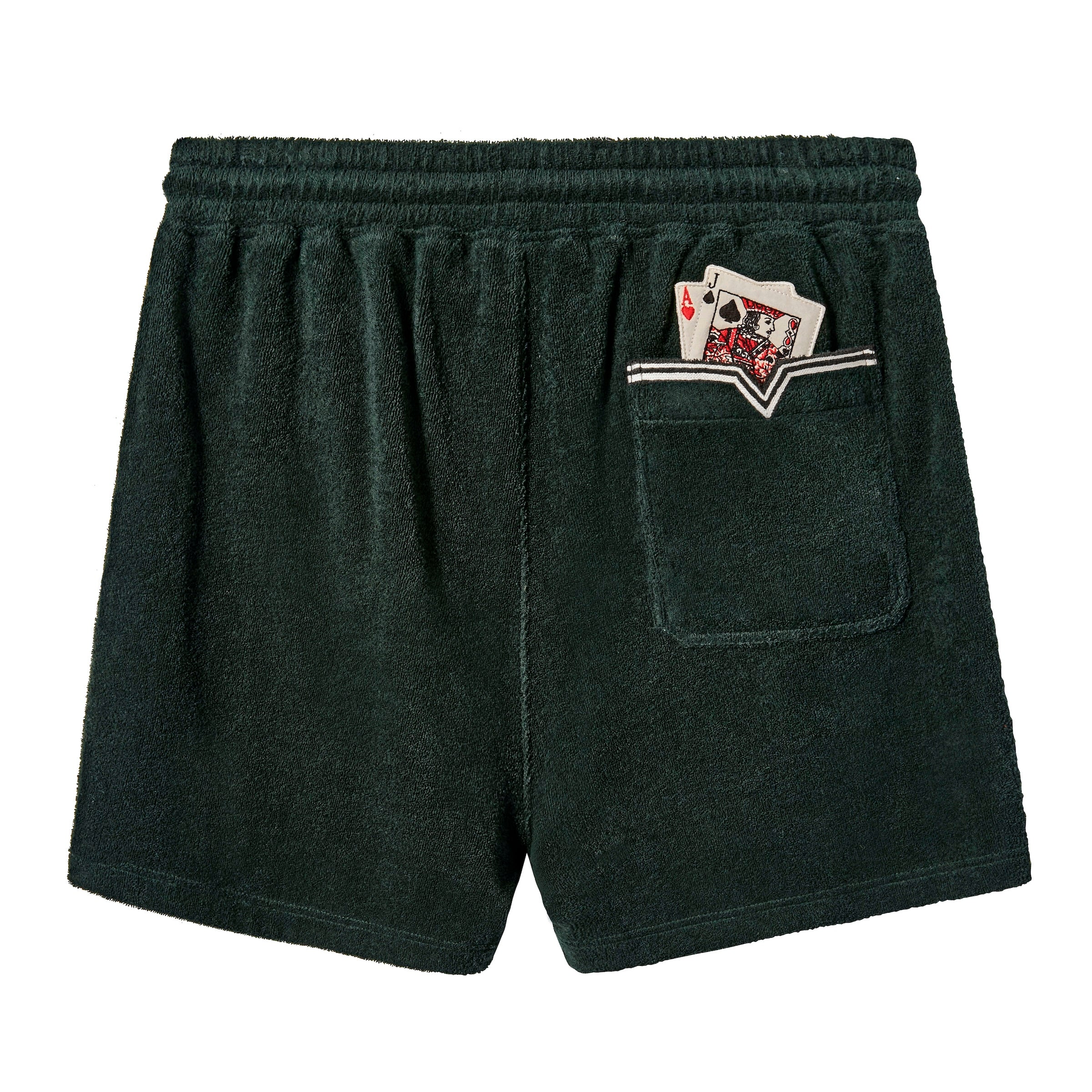 Product image of backside of shorts, featuring an embroidered Ace of Hearts card and a Jack of Spades card sticking out of the pocket.