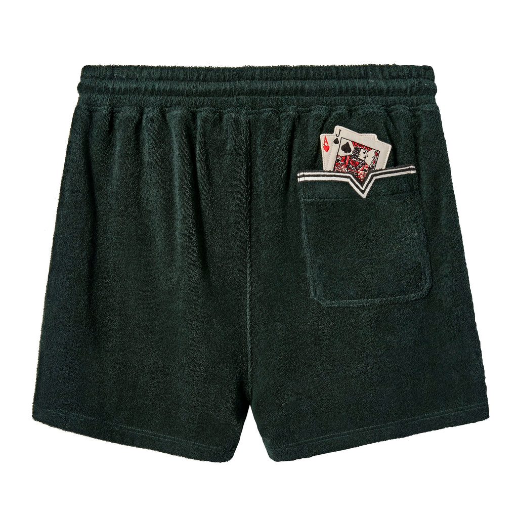 Product image of backside of shorts, featuring an embroidered Ace of Hearts card and a Jack of Spades card sticking out of the pocket.