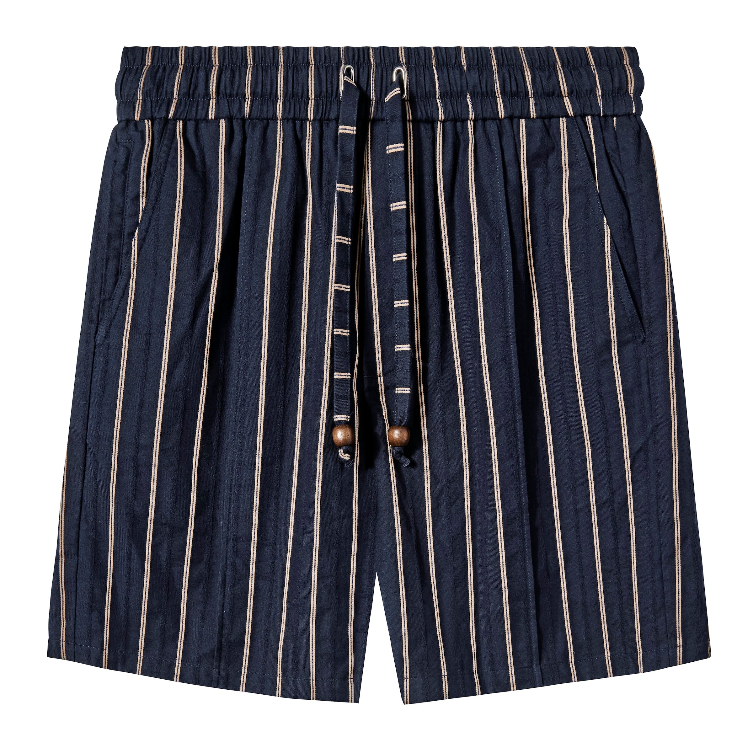 Front-facing image of navy shorts with beige vertical stripes, an elastic waistband, side pockets, and a striped drawstring with wooden bead accents.