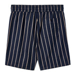 image of backside of navy shorts with beige vertical stripes, an elastic waistband,  and a back pocket on the right side. 