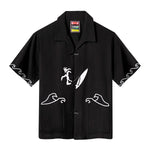 Black short-sleeve shirt with white embroidery of waves and a surfer holding a surfboard. Features wave designs on the sleeves and pockets, with knotted loop closures down the front.