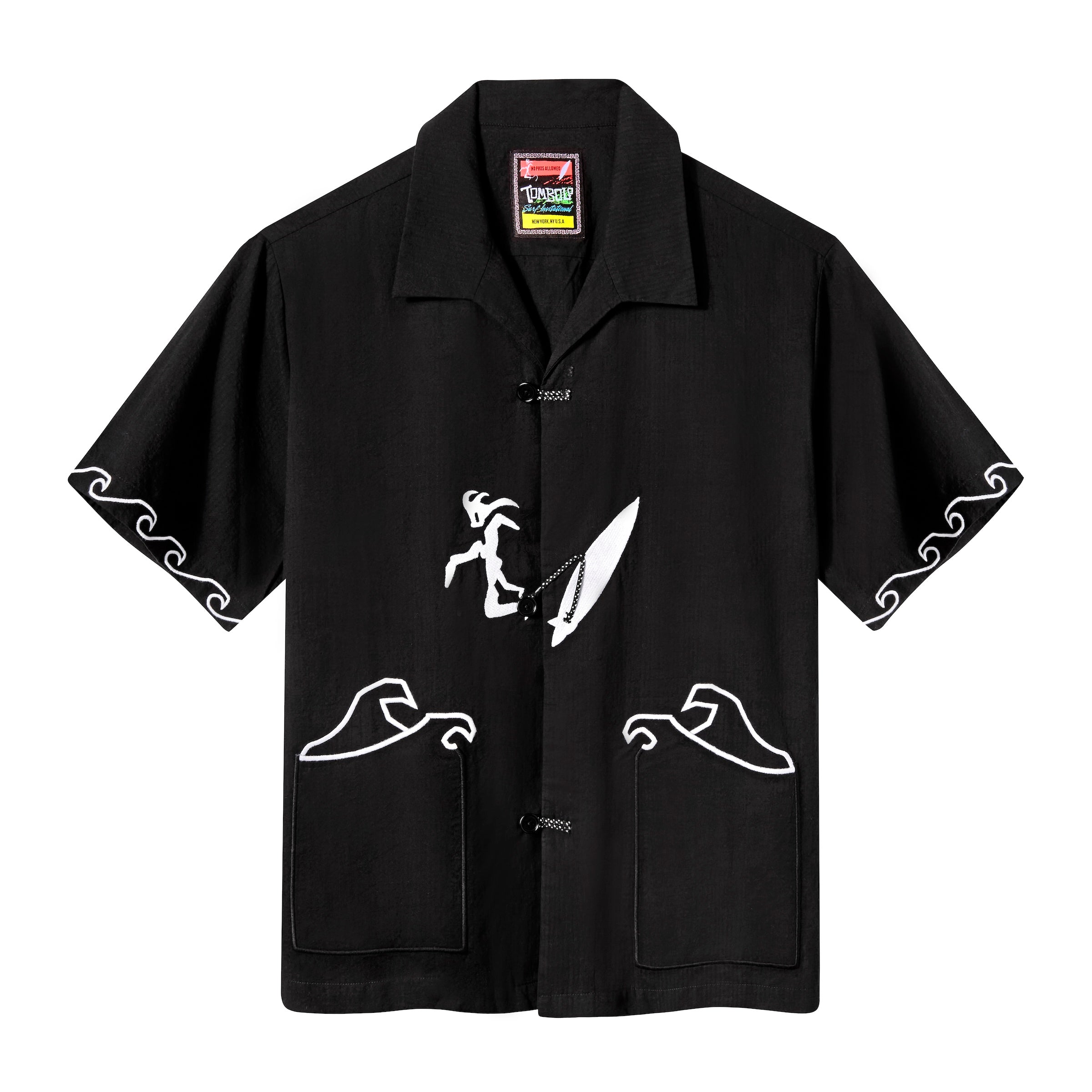 Black short-sleeve shirt with white embroidery of waves and a surfer holding a surfboard. Features wave designs on the sleeves and pockets, with knotted loop closures down the front.