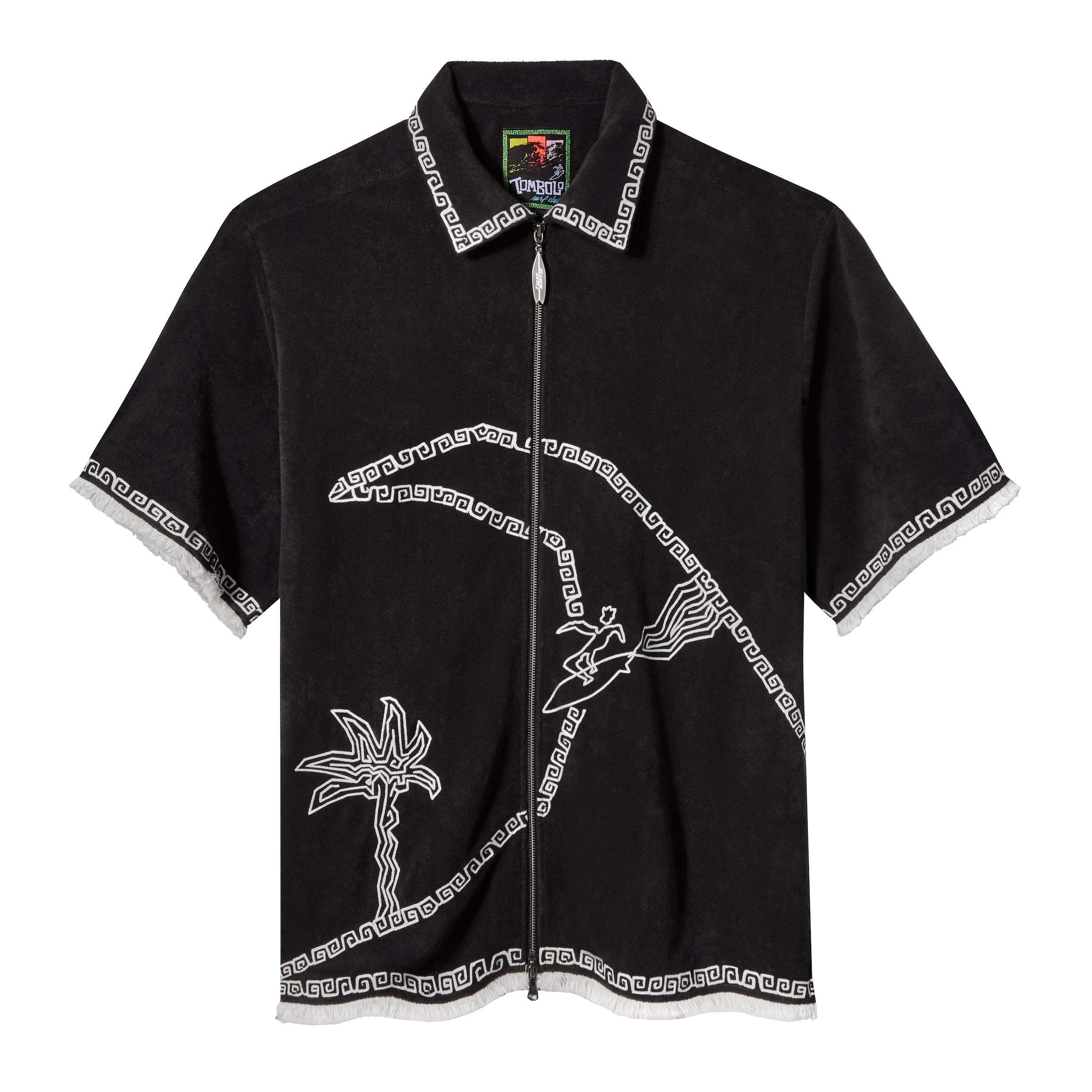 Black short-sleeve terry cloth shirt with white embroidered surfer and palm tree design, zip front, and white trim on collar, hem, and sleeves.