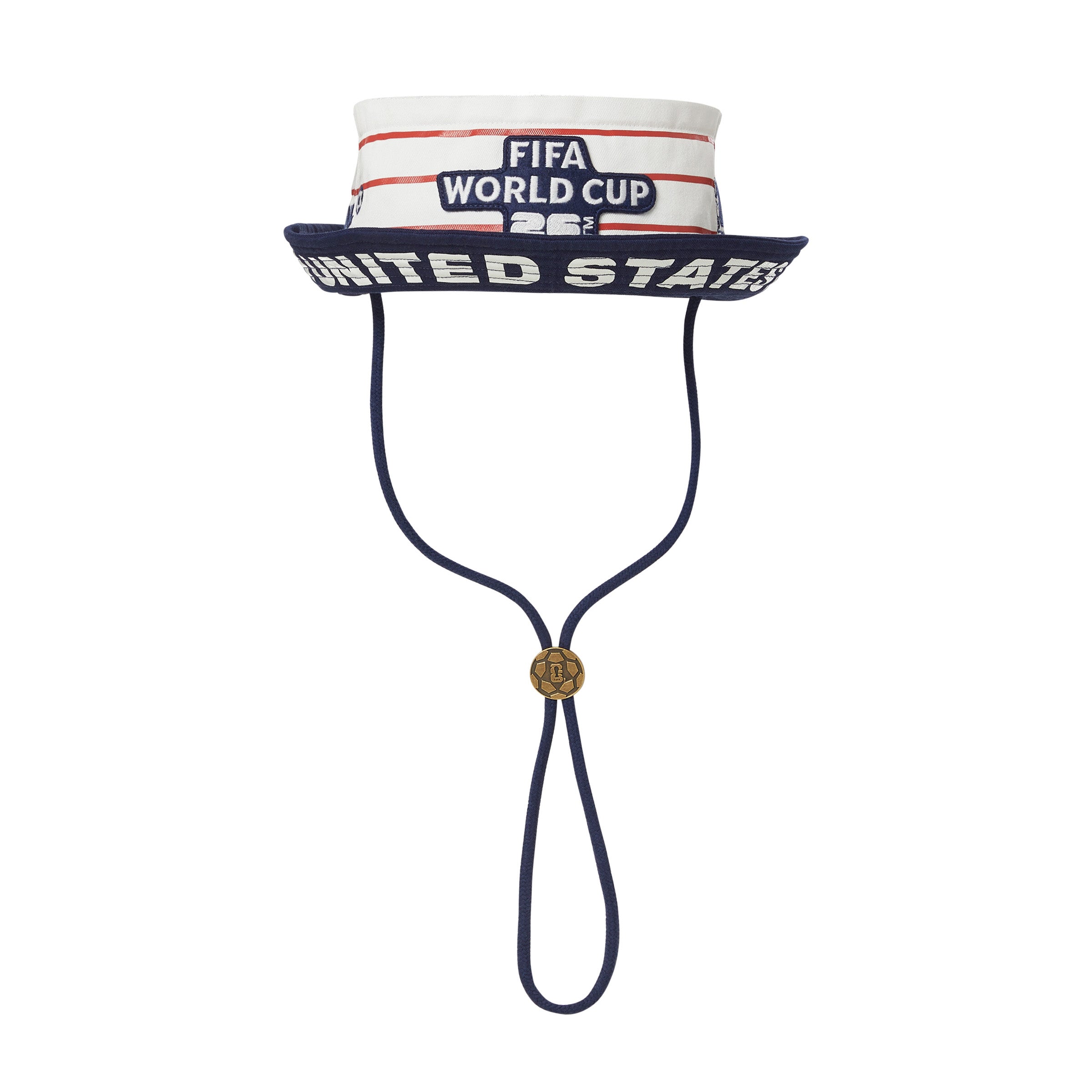 Front view of cream FIFA World Cup bucket hat with navy brim reading “United States,” striped crown with World Cup 2026 patch, and adjustable chin cord with toggle.