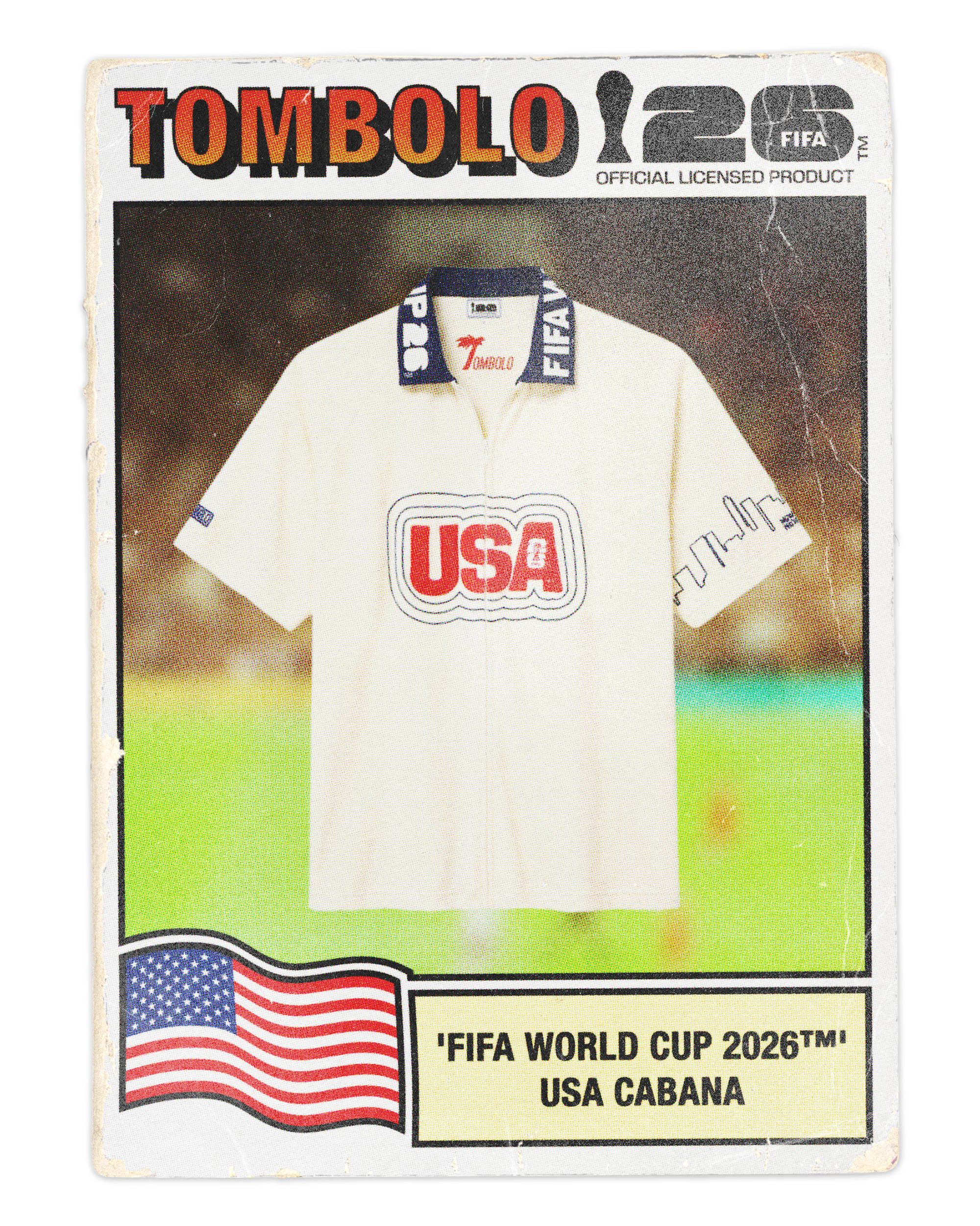 Card featuring a USA soccer jersey with 'Tombolo' branding and FIFA World Cup 2026 logo.