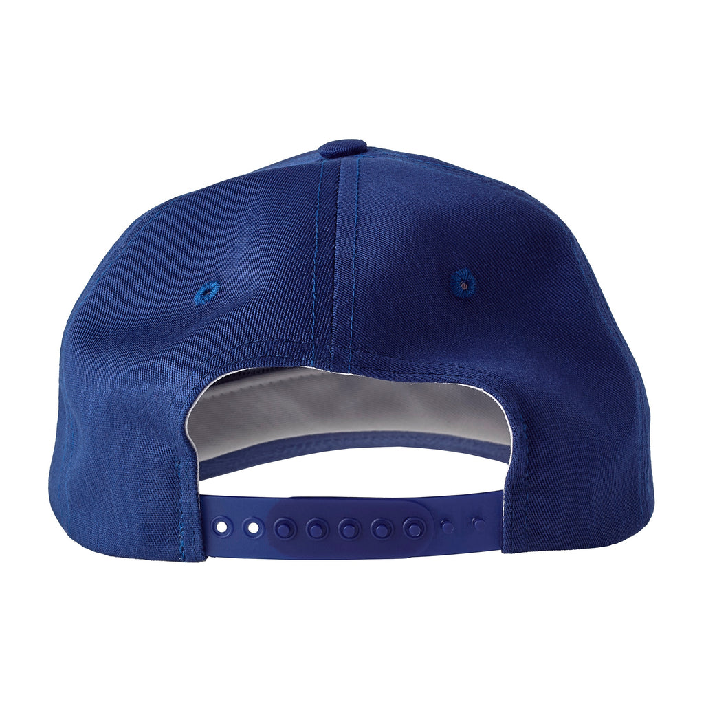 Back view of a blue five-panel cap with an adjustable snapback closure.