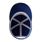 Interior view of a blue five-panel cap, showing white inner seams, mesh paneling, and a blue snapback closure.