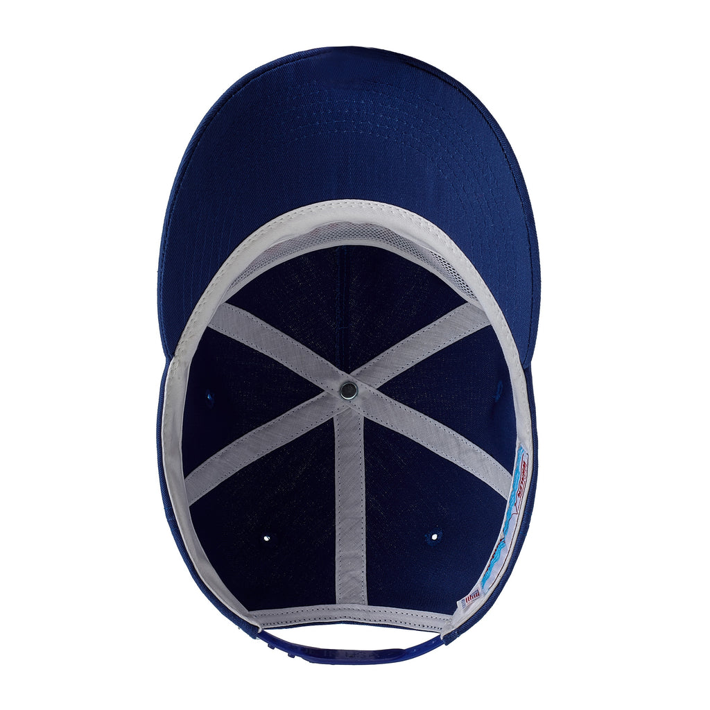 Interior view of a blue five-panel cap, showing white inner seams, mesh paneling, and a blue snapback closure.