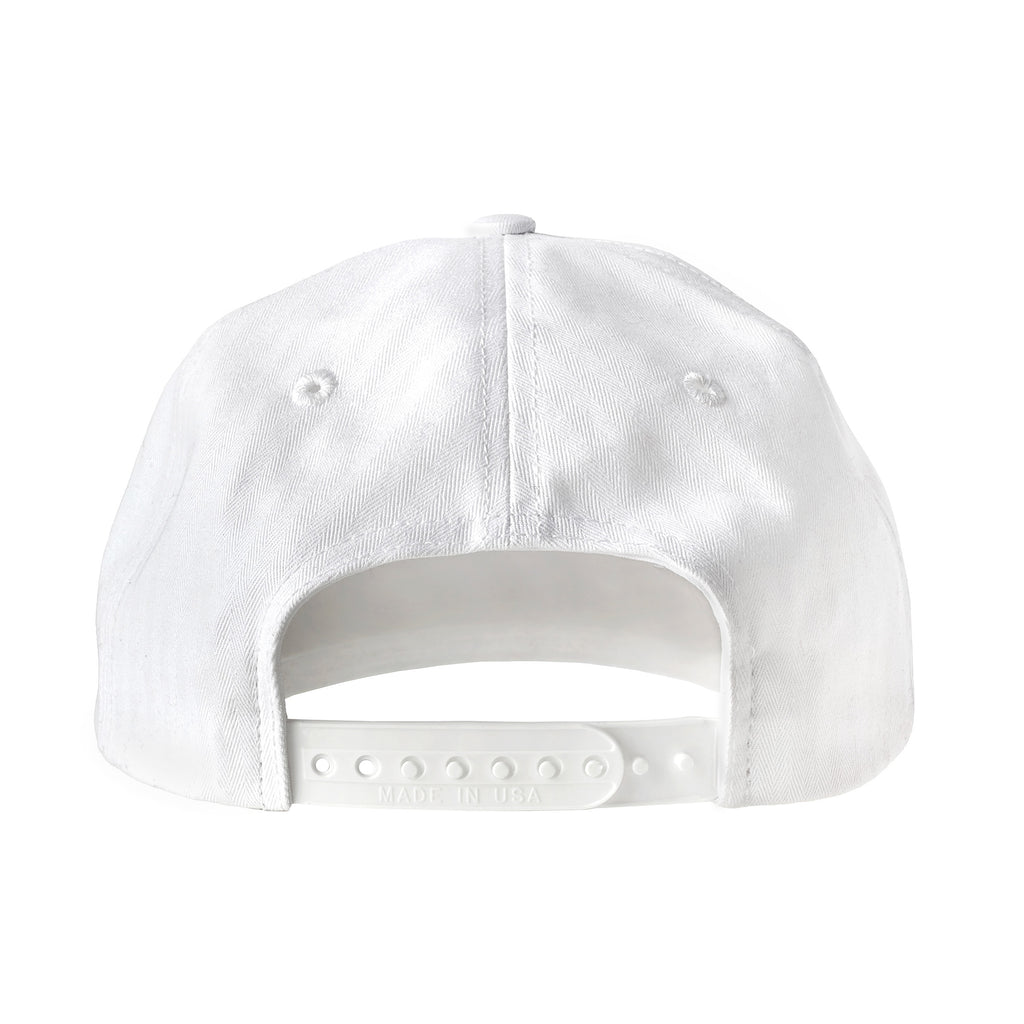 Back view of white five-panel cap with an adjustable snapback closure.
