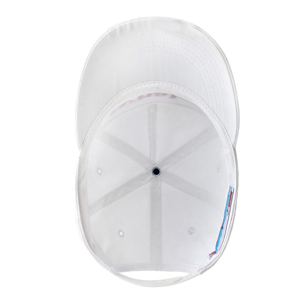 Interior view of a white five-panel cap, showing white inner seams, mesh paneling, and a white snapback closure.