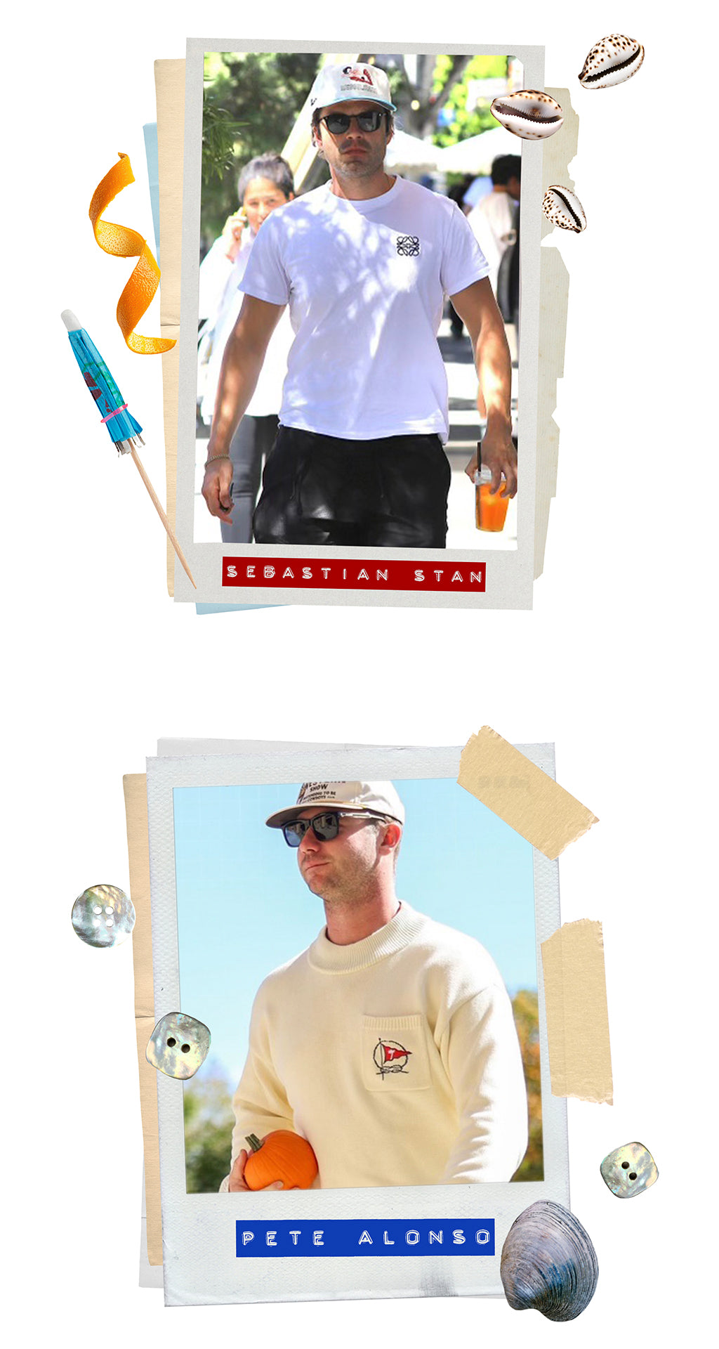 Sebastian Stan wearing a Tombolo "Wesselmann" Cap and Pete Alonso wearing Tombolo Beige Mariner Sweater