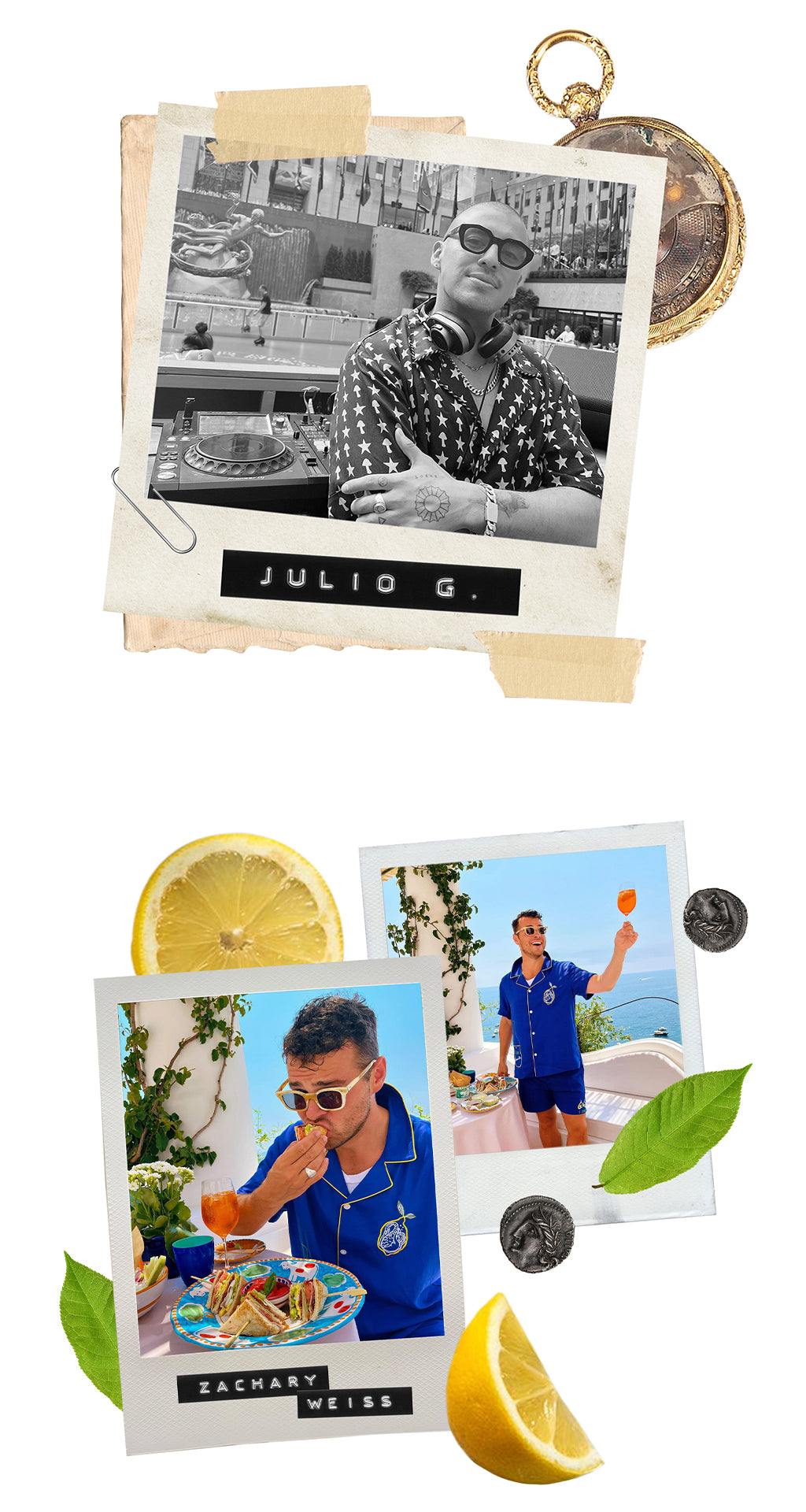 DJ Julio G wearing a Tombolo "Oh Shitake" tencel shirt and Zachary Weiss wearing Tombolo x Le Sirenuse Limoncello Shirt