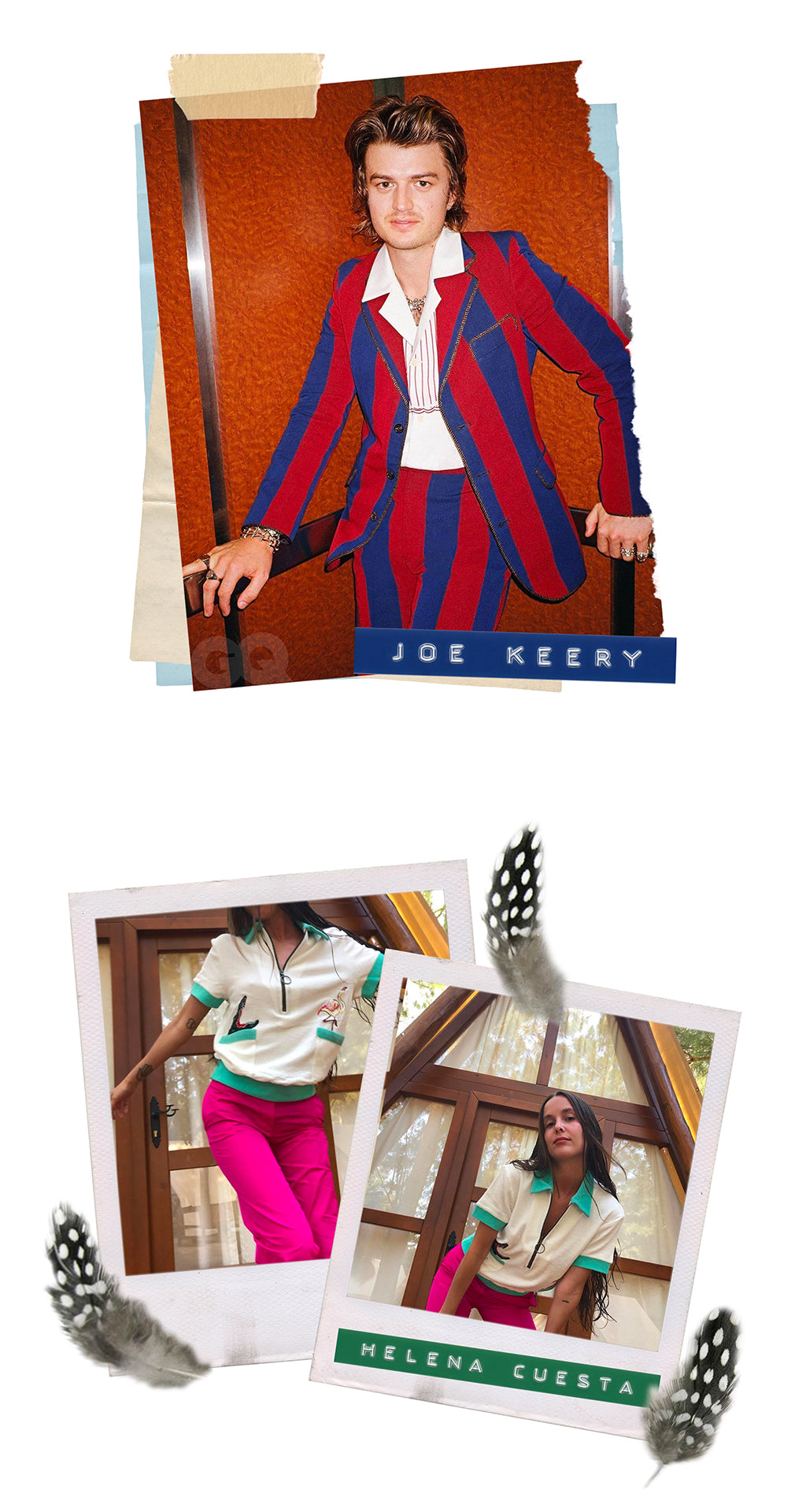 Joe Keery wearing 'Fruits de Mer' (Cloud Gray) by Tombolo and Helena Cuesta wearing 'Flamingo Tartare' Cabana (White) by Tombolo