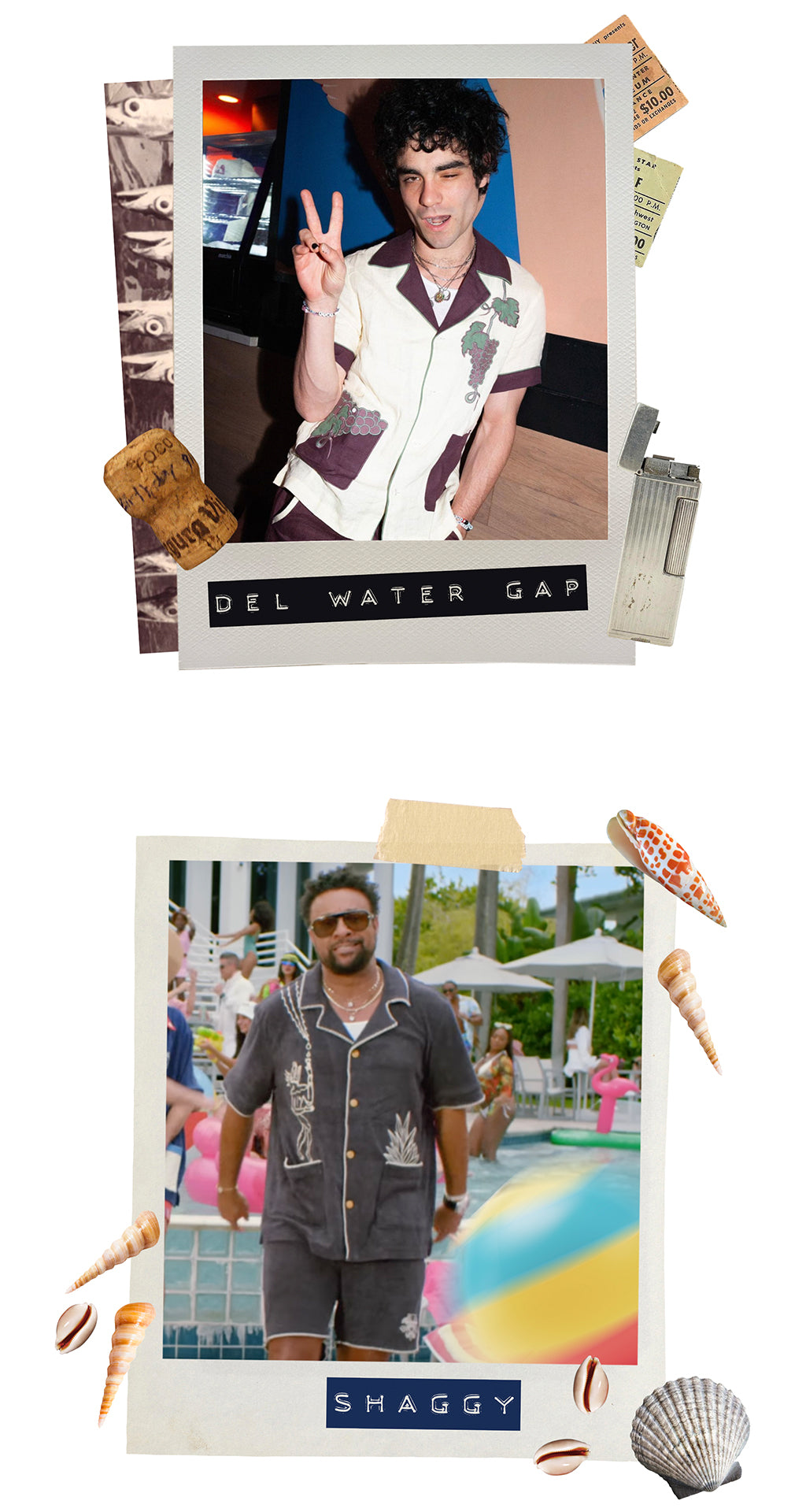 Del Water Gap wearing a Tombolo "Tombarolo" cabana shirt and Shaggy wearing an "Agua Magica" set by Tombolo