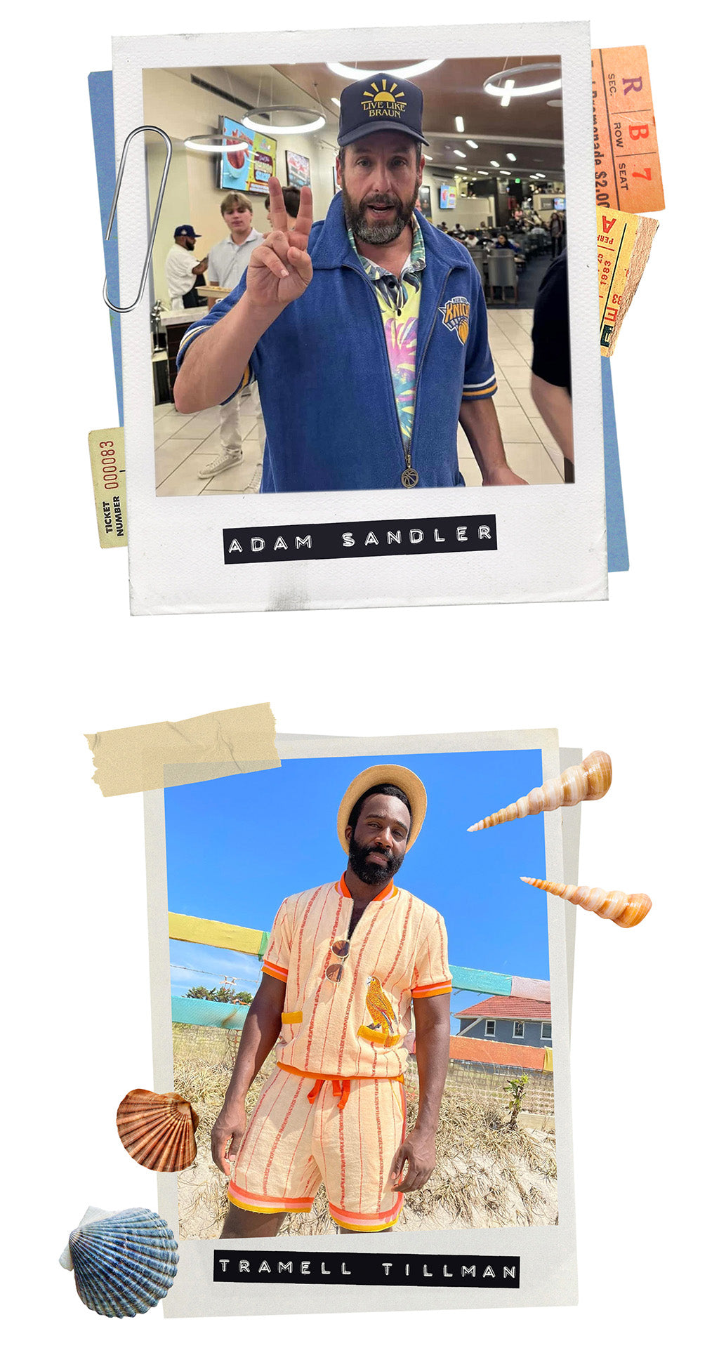 Adam Sandler wearing a Knicks x Tombolo shirt and Tramell Tillman wearing the Pajaro Cubano (Cream) Cabana Set by Tombolo