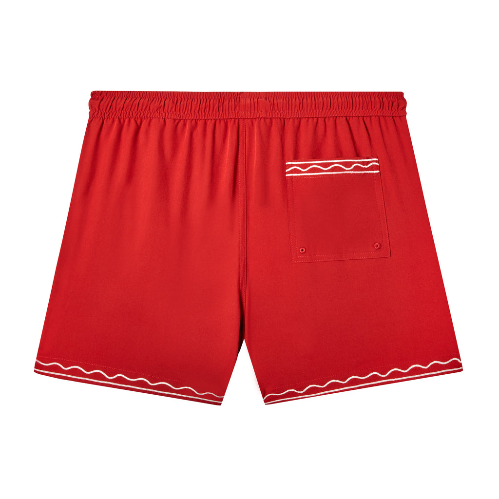 Back shot of red swim trunks
