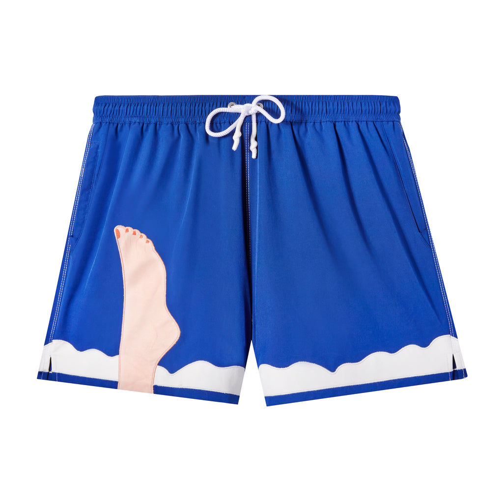 Tombolo Seascape #2 by Tom Wesselmann swim trunks. Waterproof, with appliquéd foot and cloud designs