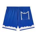 Lay flat of back of swim trunks showing back pocket with white piping