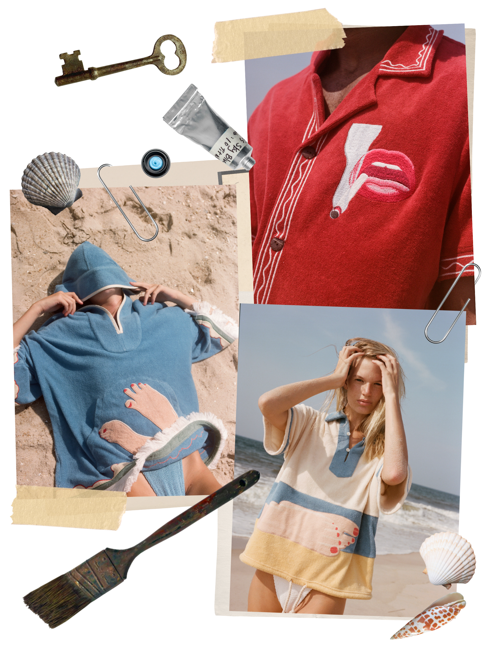 Collage of three images showing woman in wesselman shirt, close up of shirt with smoking lips motif, and woman lying on beach with hood of poncho pulled over her face