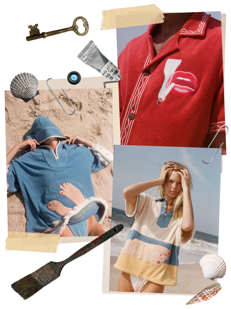 Collage of three images showing woman in wesselman shirt, close up of shirt with smoking lips motif, and woman lying on beach with hood of poncho pulled over her face