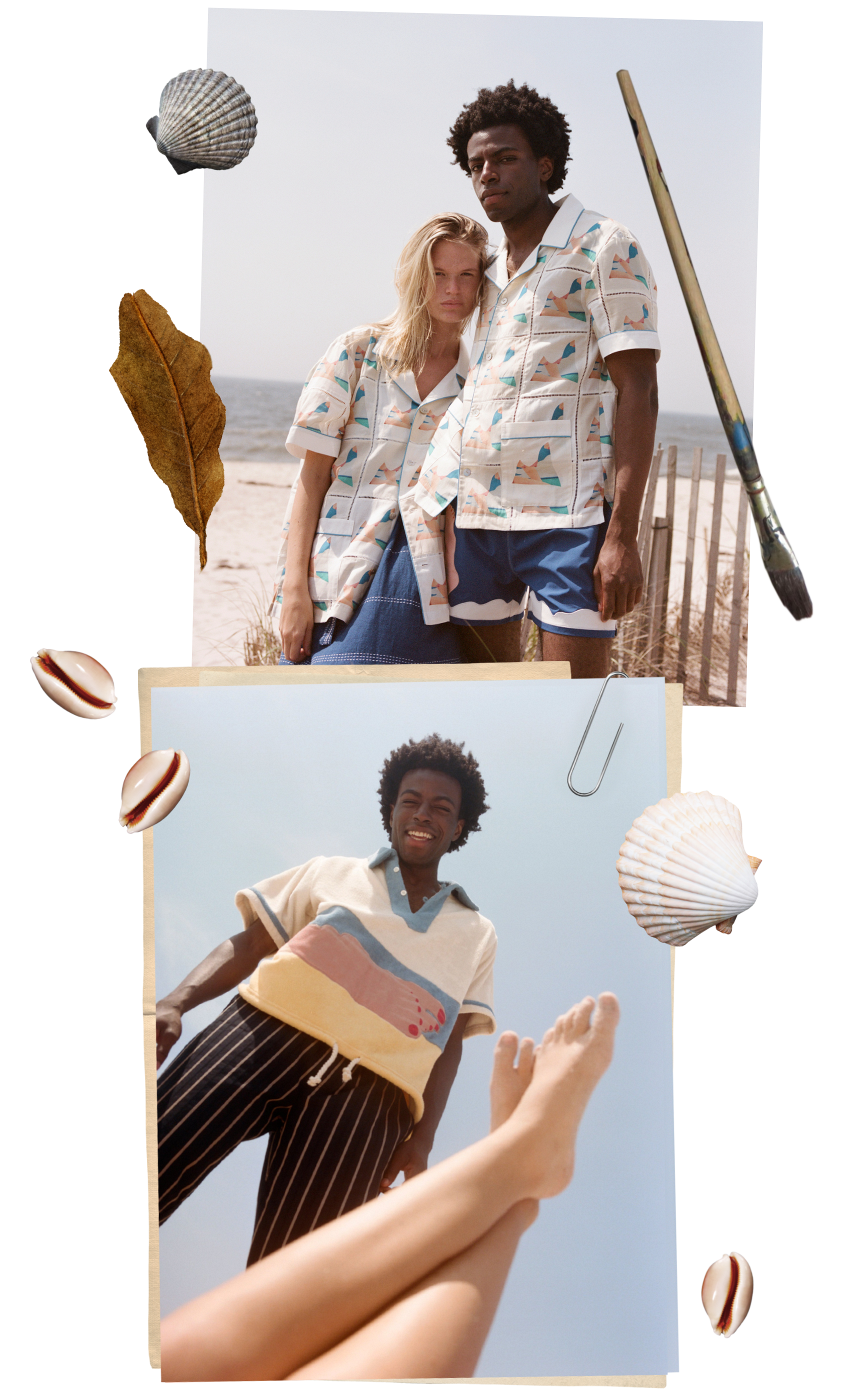 Photo of man and woman wearing matching Wesselman shirts on the beach on top and man looking down at camera taken from the perspective of woman lying on the beach below with feet in the air
