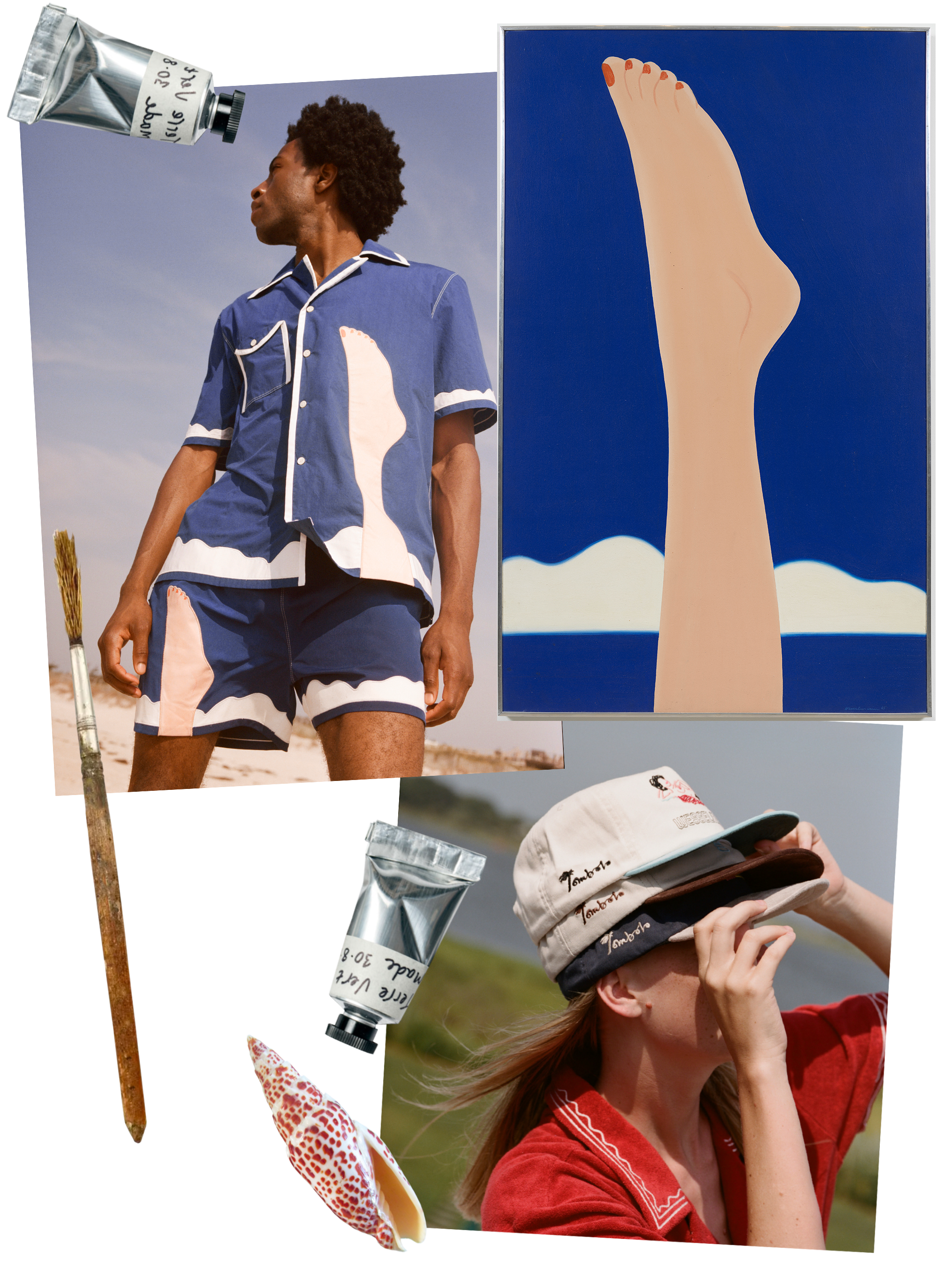 Collage of wesselman set with embroidered foot motif and woman wearing three caps