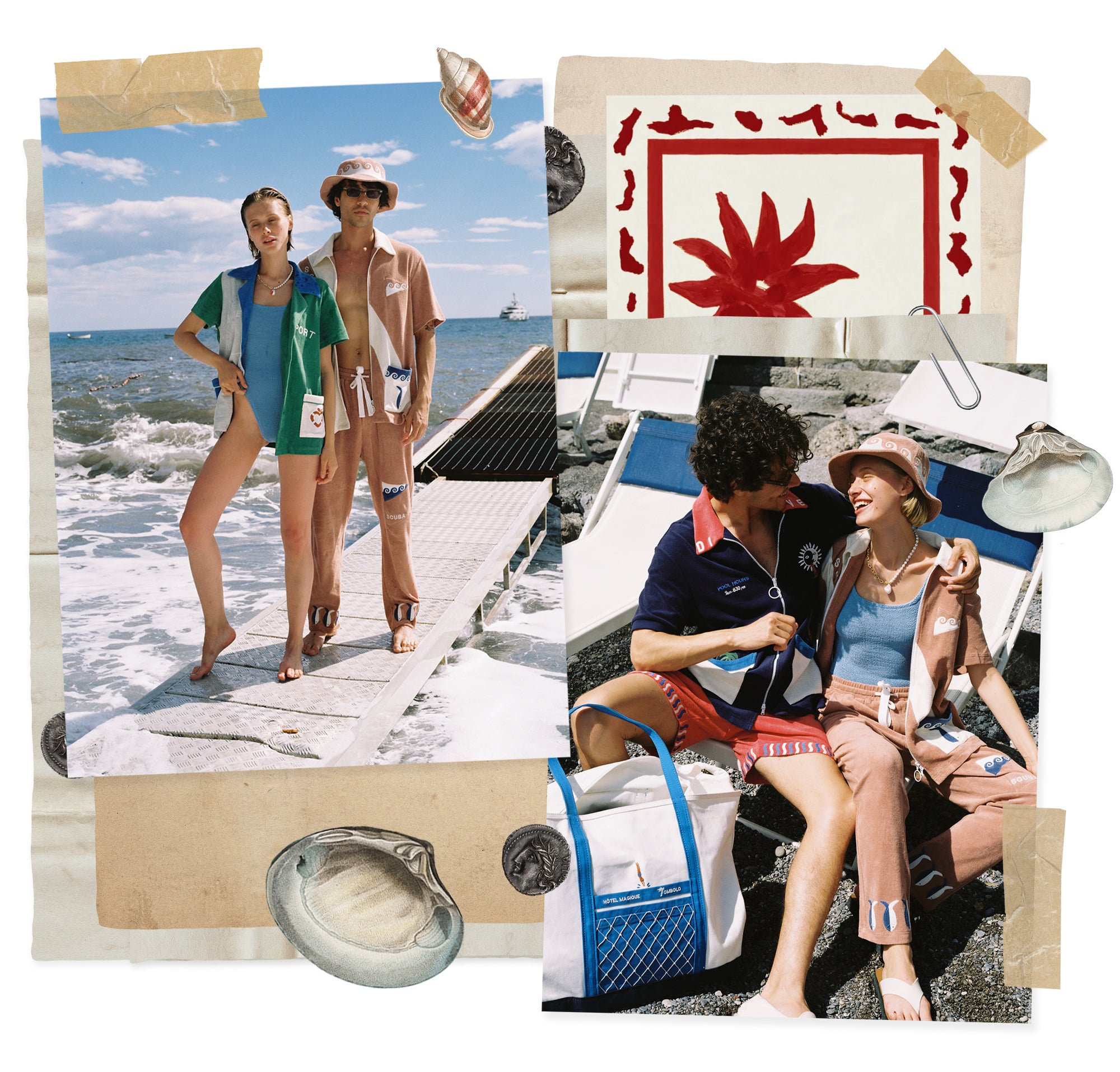 Two images of man and woman wearing Hotel Magigue matching sets on the beach and in deck chair