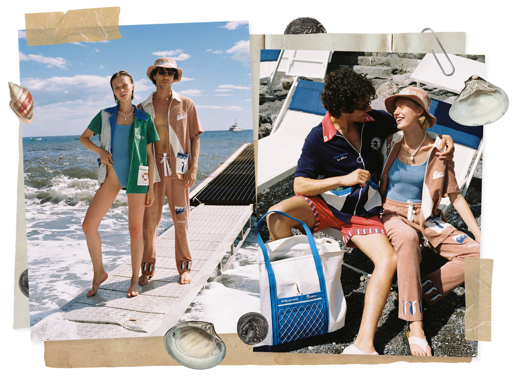 Two images of man and woman wearing Hotel Magigue matching sets on the beach and in deck chair