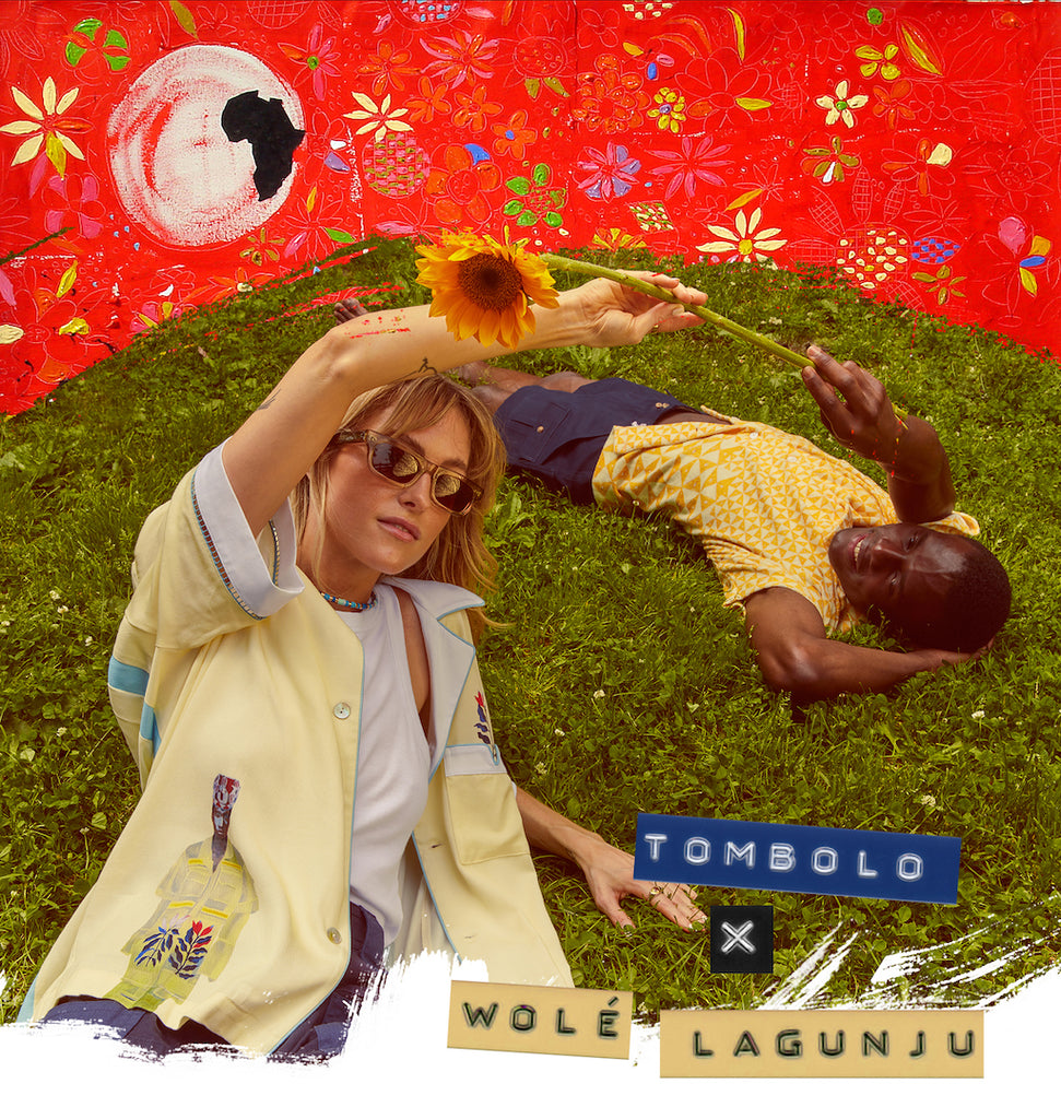 Tombolo x Wole Lagunju with models wearing Tombolo shirts laying in grass field