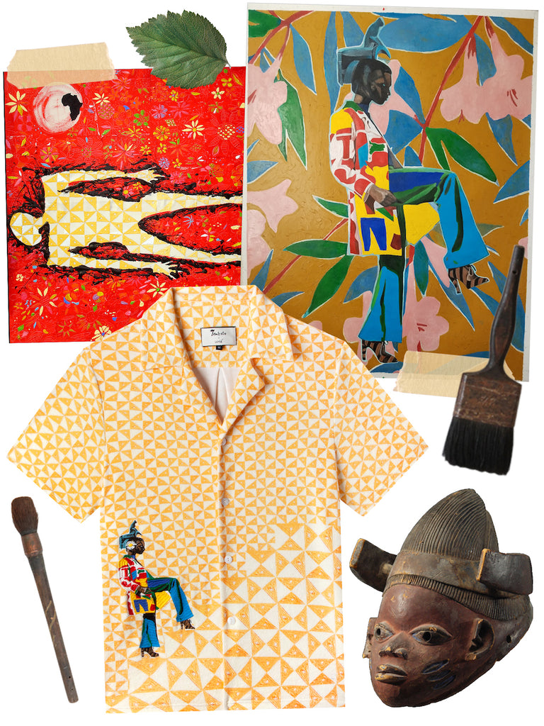 Wolo Lagunju shirt product photo collage with original Wole artworks