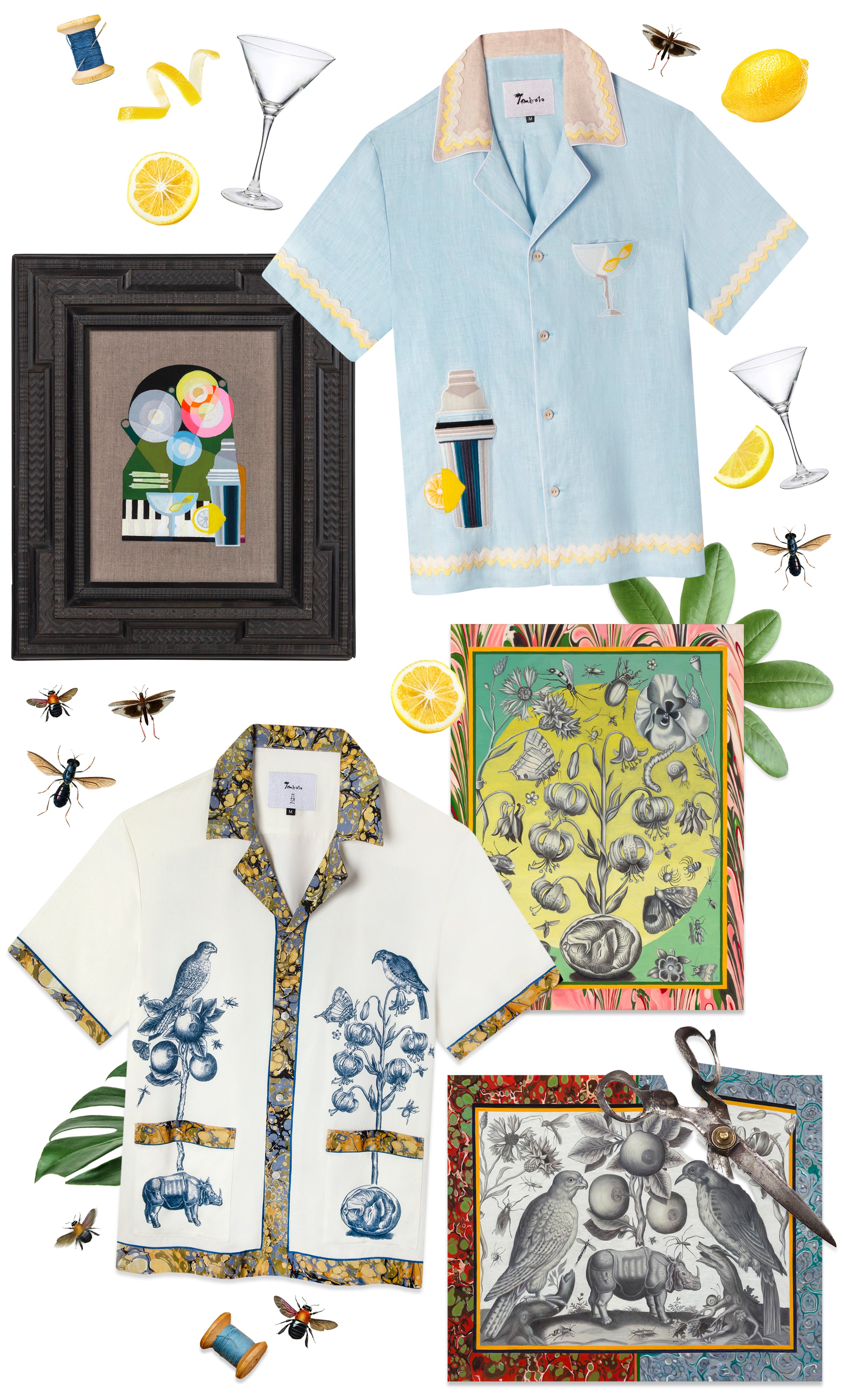 Alexis Zambrano shirt cutouts in collage with paintings