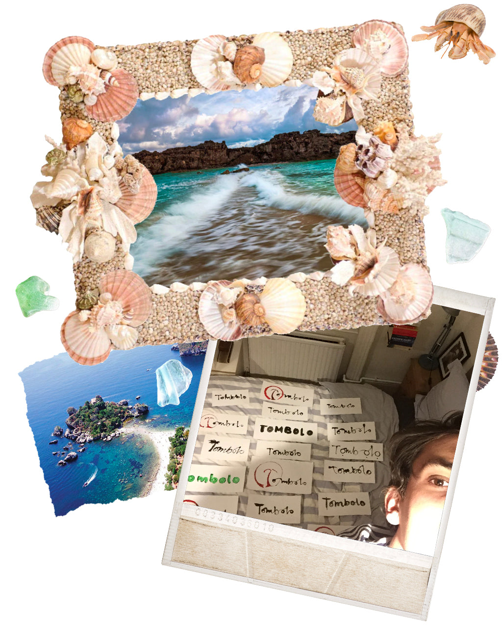 collage of ocean and Tombolo logo's in development
