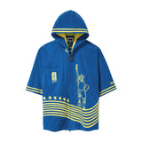 Blue hoodie with yellow accents and a Statue of Liberty playing soccer embroidery.