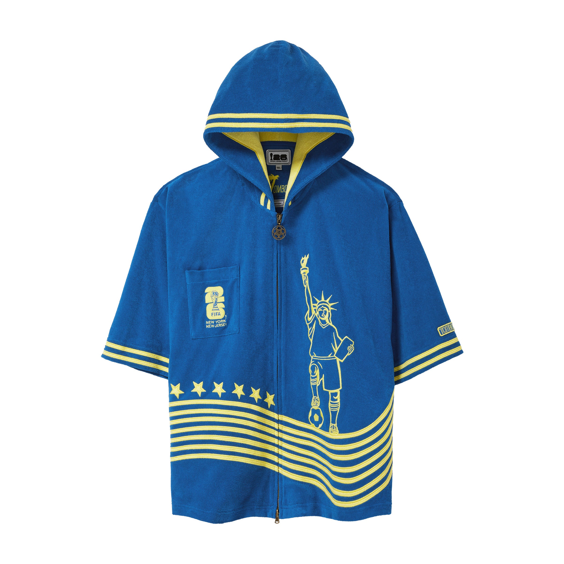 Blue hoodie with yellow accents and a Statue of Liberty playing soccer embroidery.