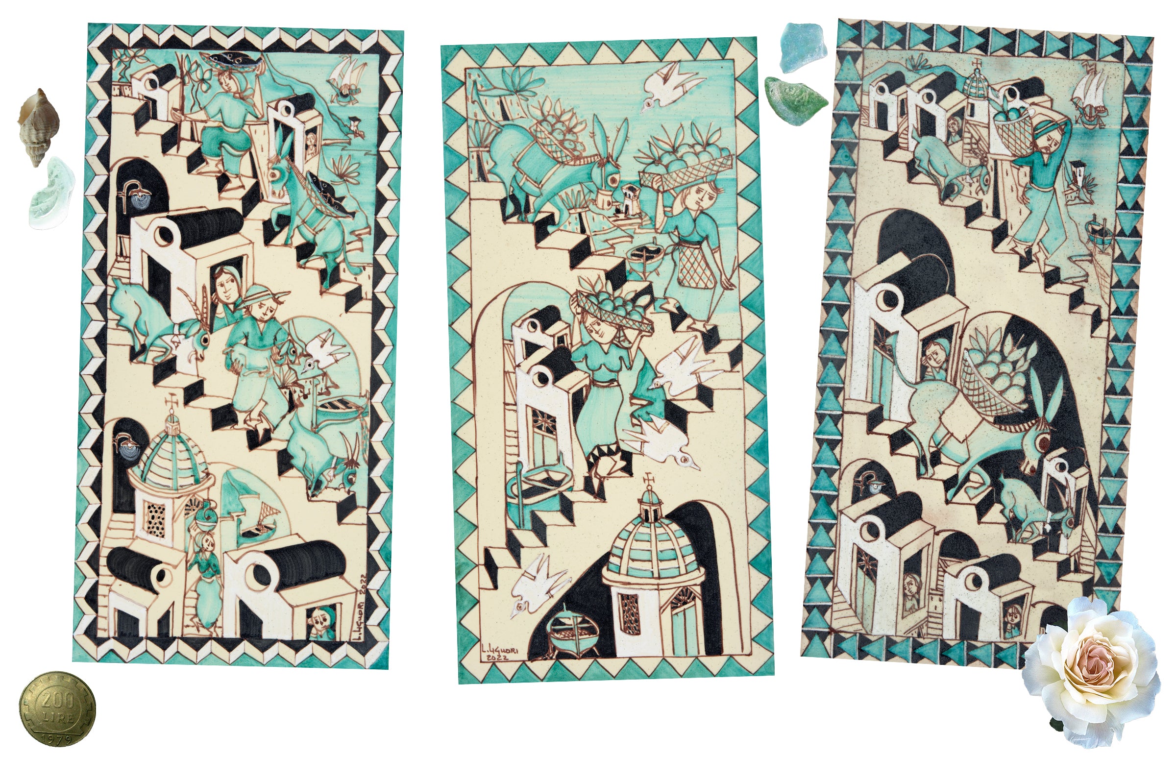 Three Tile panels showing Lucio Liguori art for Tombolo shirt