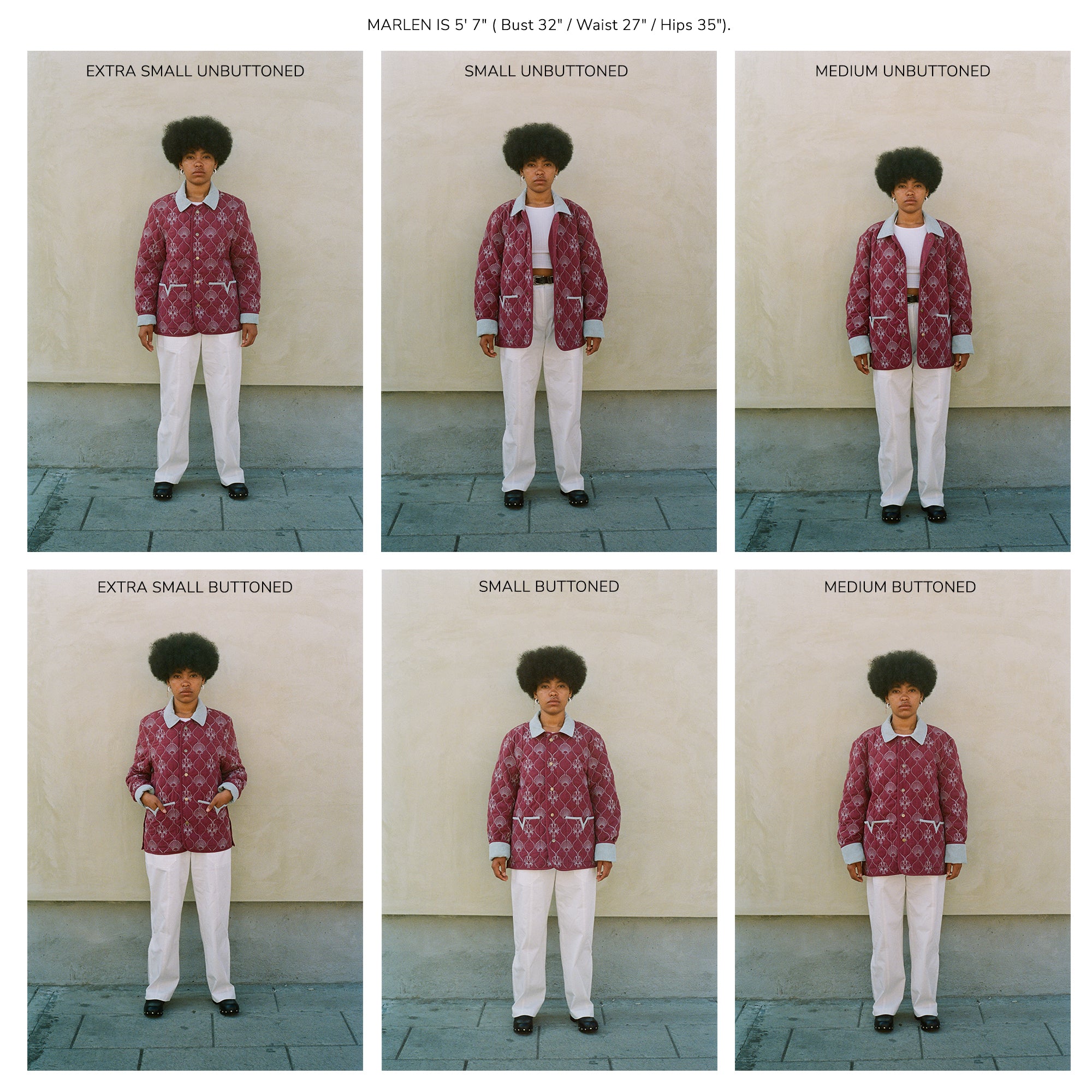 Woman wearing quilted jacket in size extra small to medium to demonstrate sizing