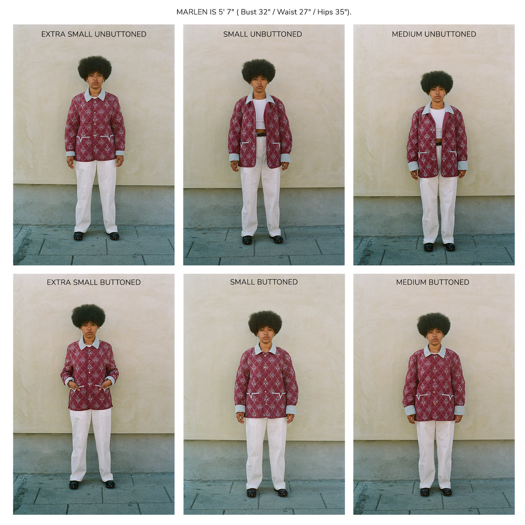 Woman wearing quilted jacket in size extra small to medium to demonstrate sizing