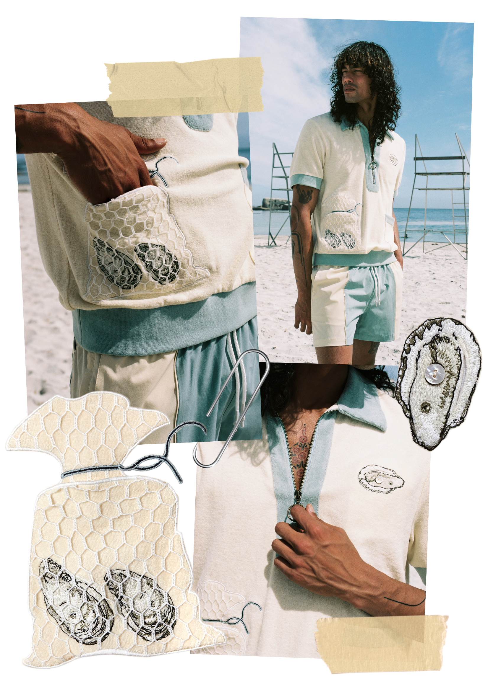 collage of close ups of the oyster shirt focusing on the zipper, embroidered oyster shell motif on the left breast, and embroidered oysters in netting on the left pocket to symbolize a bag