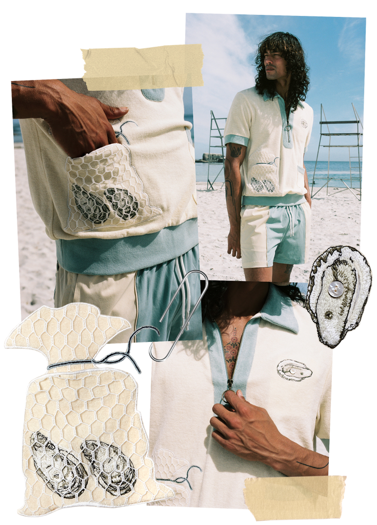 collage of close ups of the oyster shirt focusing on the zipper, embroidered oyster shell motif on the left breast, and embroidered oysters in netting on the left pocket to symbolize a bag