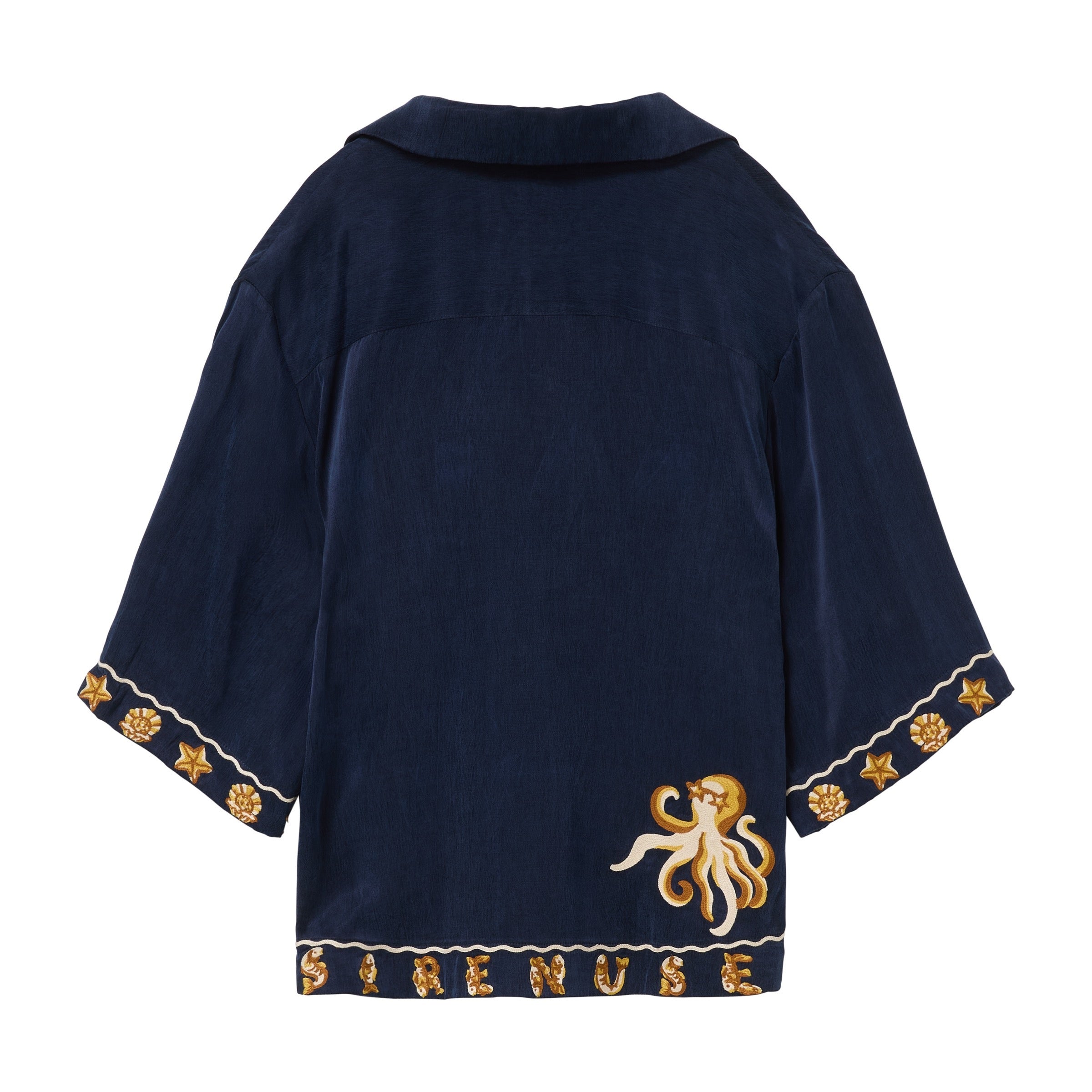 Navy blue garment with gold octopus design and 'SIRENUSE' text across the bottom sweep.