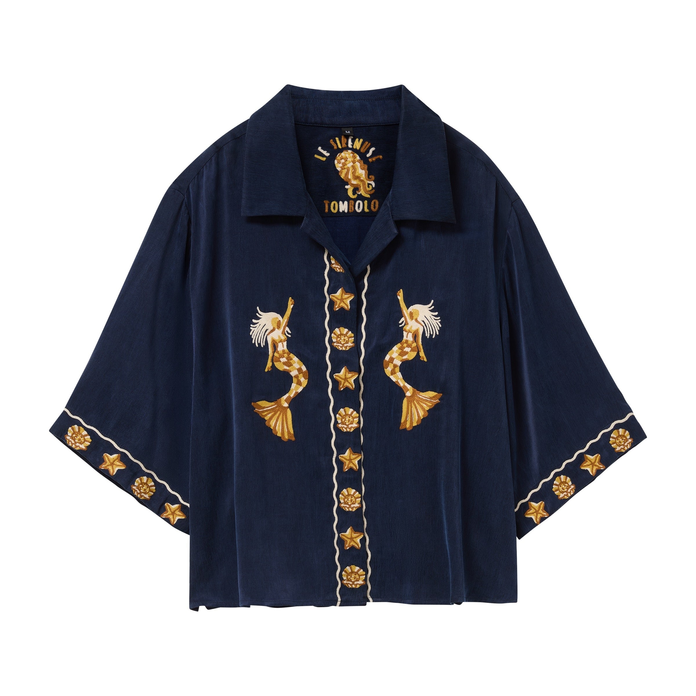 Navy blue shirt with gold mermaid and starfish designs on a white background
