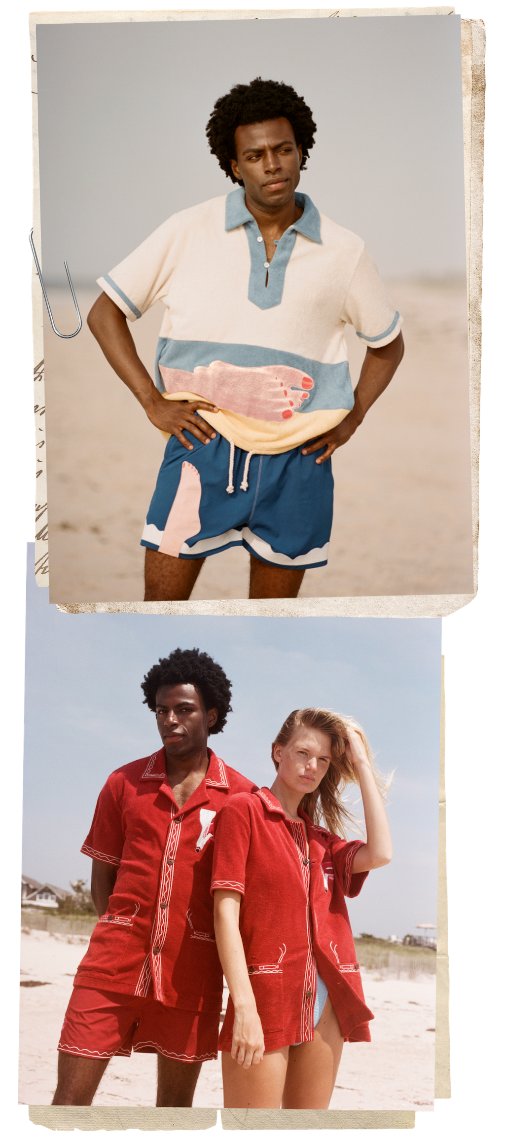 Two pictures side by side of man wearing Tombolo Wesselman shirt on top and man and woman wearing matching smoking lips cabana shirts on bottom