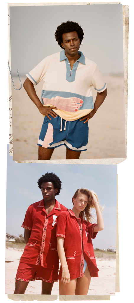 Two pictures side by side of man wearing Tombolo Wesselman shirt on top and man and woman wearing matching smoking lips cabana shirts on bottom