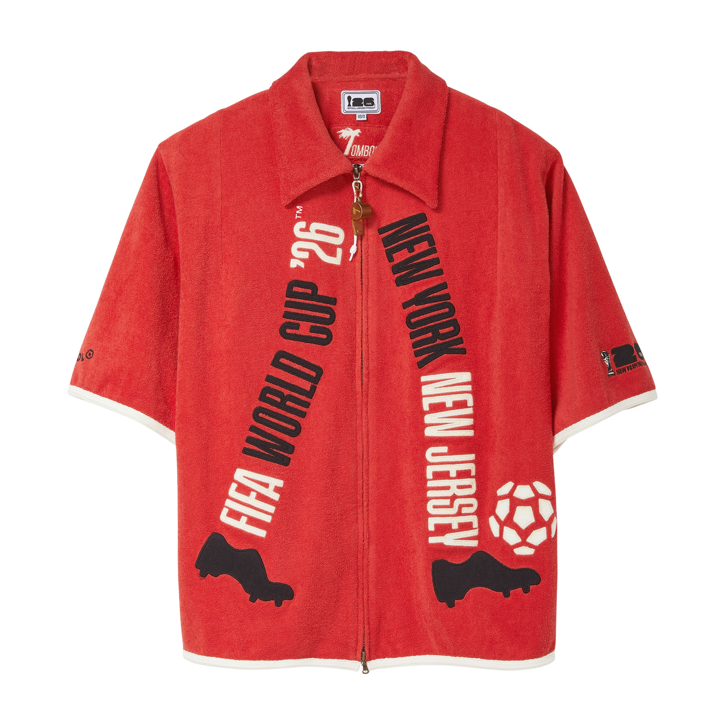 Red shirt with FIFA World Cup and New York/New Jersey text written virtically, to mimic legs in motion.
