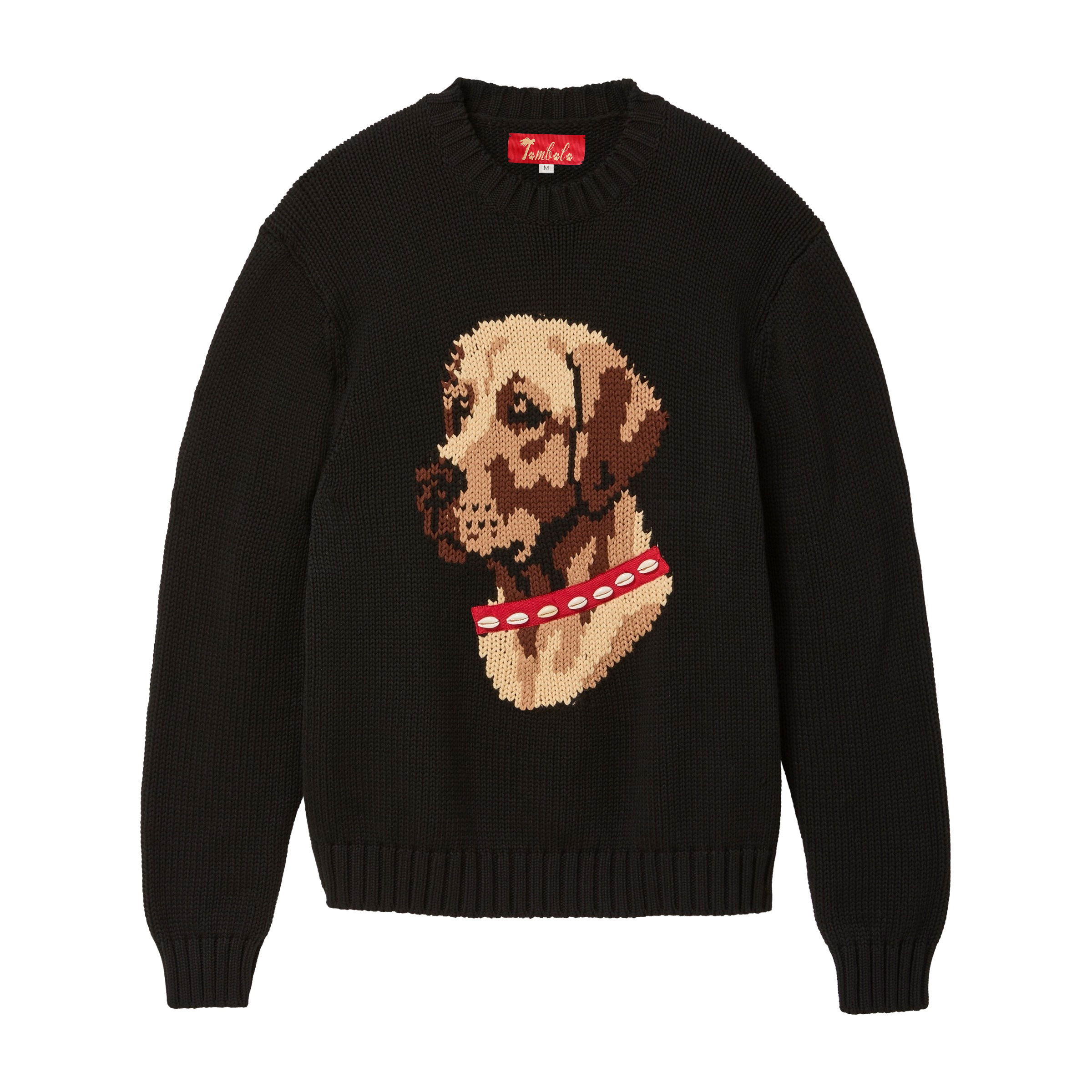 Black knit sweater with ribbed collar, cuffs, and hem, featuring an intarsia dog portrait on the front wearing a red collar with white shell details.