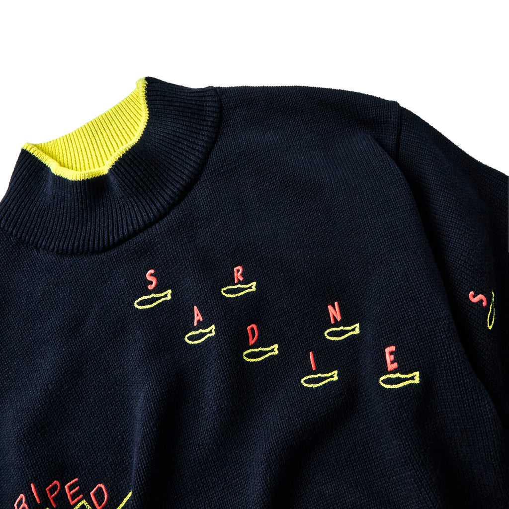 Detail shot of the "sardine" embroidery.