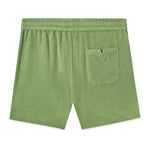 Backwards-facing product image of the 'Standard Issue' Cabana Shorts (green) that showcases the signature Tombolo 'V' slit on the back pocket.
