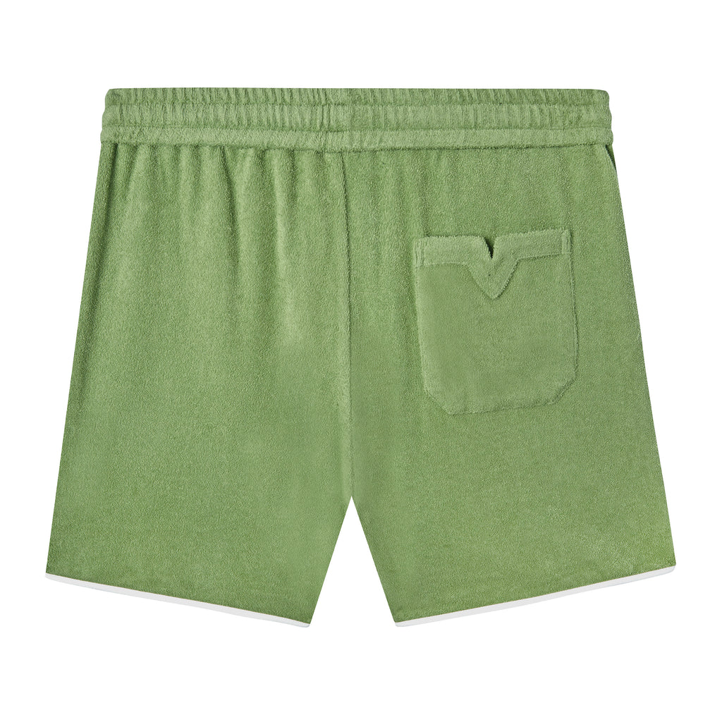 Backwards-facing product image of the 'Standard Issue' Cabana Shorts (green) that showcases the signature Tombolo 'V' slit on the back pocket.