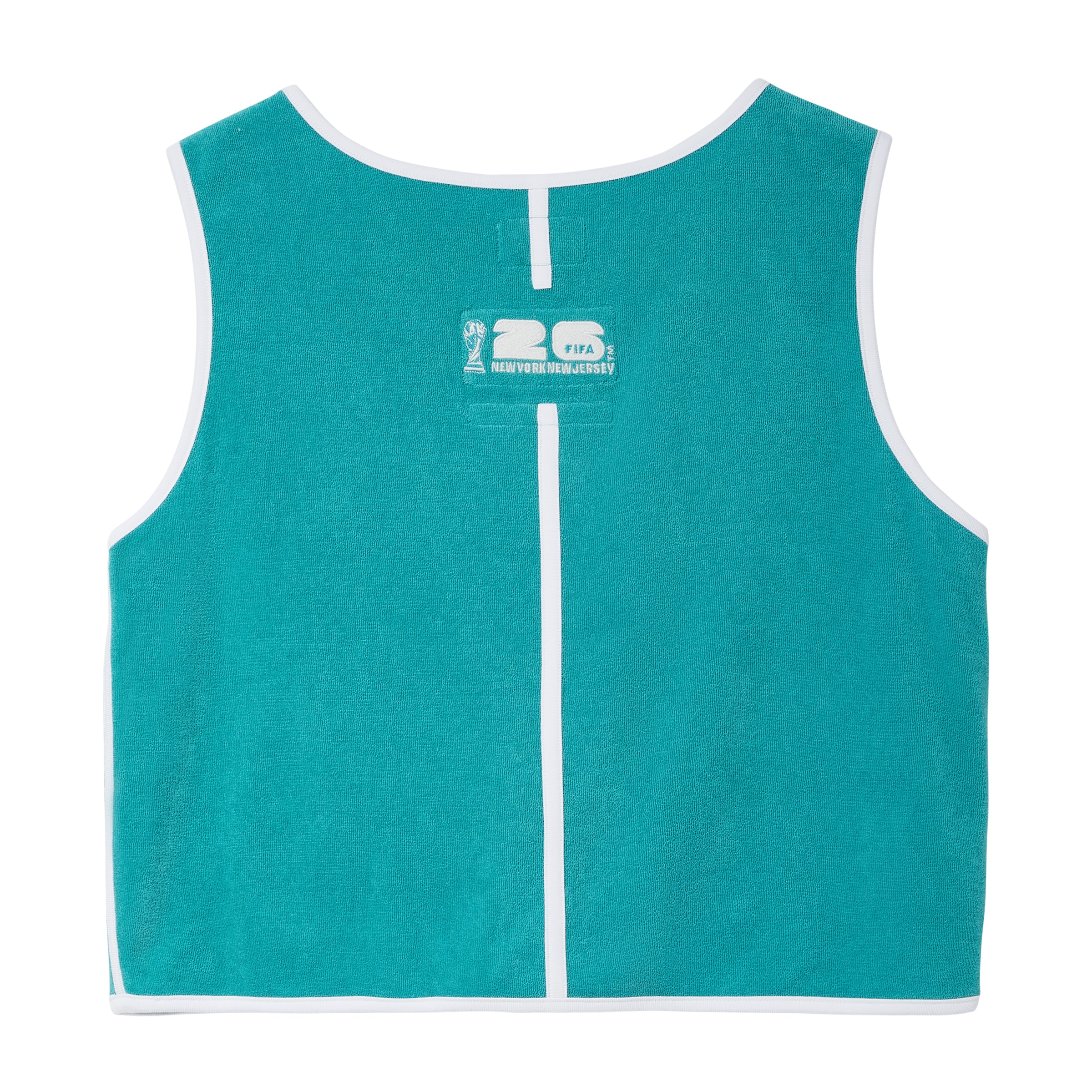 Back of teal terry cloth hand towel top with white trim and FIFA World Cup 2026 New York New Jersey logo.